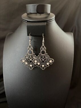 Filigree Dangle Earrings with Clear Stones - Black Silver